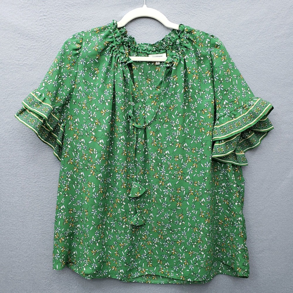 Max Studio Green Floral Flutter Short Sleeve Blouse Green Cottagecore Trad 2X